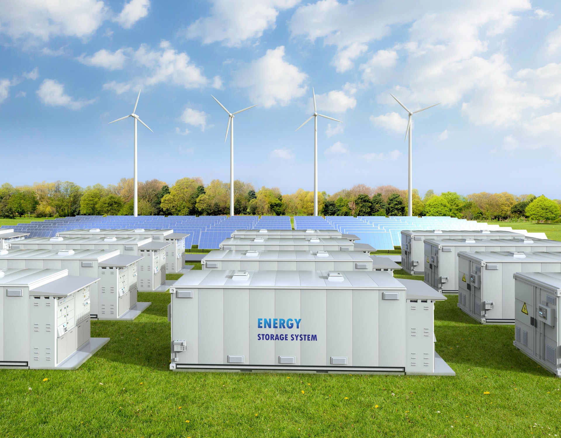 Amount of energy storage systems or battery container units with solar and turbine farm